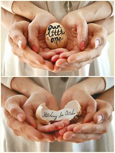 two pictures of hands holding an egg with writing on it