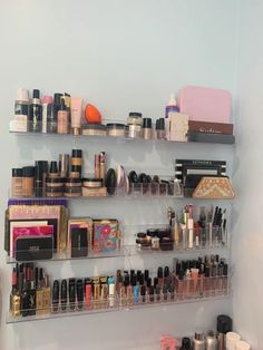 (ad) Makeup desk - Bedroom Furniture. . Read more at the image link. Shelves For Small Bathroom, Acrylic Book Shelves, Small Makeup Studio, Makeup Suite, Home Makeup Studio, Makeup Storage Wall, Makeup Studio Ideas, Small Bathroom Shelves