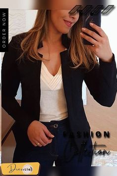 Plain Regular Fit Flat Collar Outerwear Casual Black Solid Color Blazer, Casual Office Blazer With Stretch, Casual Stretch Blazer For Office, Casual Fitted Black Blazer, Black Solid Color Blazer For Spring, Spring Black Solid Color Blazer, Spring Black Blazer, Fitted Casual Blazer In Solid Color, Casual Stretch Blazer