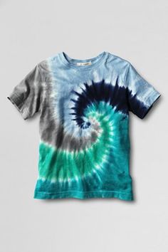 a blue and green tie - dyed t - shirt hanging on a white hanger