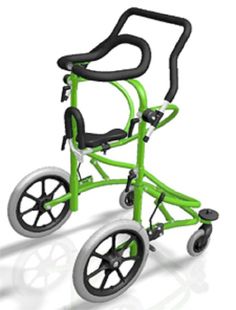 an image of a green walker with wheels on it's back wheel and seat