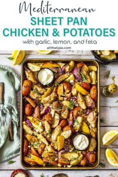 sheet pan chicken and potatoes with garlic, lemon, and feta on the side