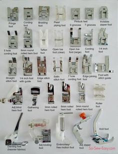 several types of sewing machine parts displayed on a white board with words describing the different machines used