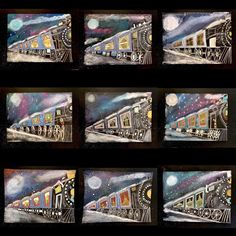 nine paintings of train cars in different positions