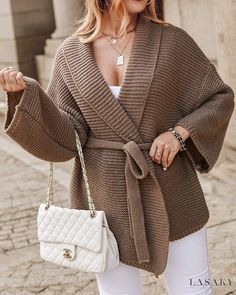 Lasaky - Elegant Shawl Collar Cardigan with Sophisticated Neck Tie Detail Elegant Shawl, Shawl Collar Cardigan, Ribbed Bodycon Dress, Long Knit Cardigan, Pencil Skirt Dress, Knitting Women Cardigan, Chic Type, Leather Lingerie, Estilo Chic