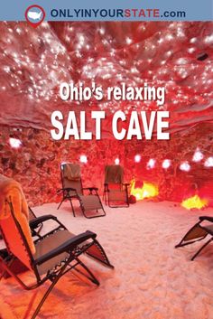 two lawn chairs sitting in front of a fire pit with the words, ohio's relaxing salt cave