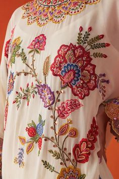 Buy Chandrima Ivory Silk Georgette Floral Embroidered Kurta And Pant Set Online | Aza Fashions Embroidered Beads, Embroidery On Kurtis, Kurti Embroidery Design, Embroidery Motifs, Hand Embroidery Design Patterns, Ivory Silk, Embroidery Suits, Kimono Style, Fashion App