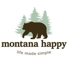 the logo for montana happy life made simple, with a bear and pine trees in the background