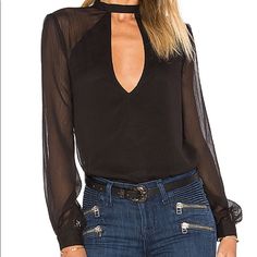 100% Polyester Crepe Fabric Sheer Sleeves Self Covered Buttons At The Cuffs Front And Back Key Holes For A Sexy Vibe Brand New With Tags! Chest Is 21” Flat Black Office Top With Sheer Sleeves, Sheer Sleeve V-neck Top For Night Out, Sheer V-neck Top For Date Night, Lace Top Blouse, Cutout Blouse, Boho Crop Tops, Ruffle Bell Sleeve, Sheer Lace Top, Ruffle Sleeve Blouse