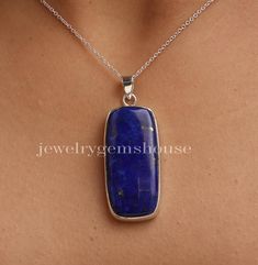 Lapis Lazuli Pendant, 925 Sterling Silver Pendant, Rectangle Shape Pendant, Handmade Jewelry, Women Necklace, Boho Pendant, Gift for Her. Gemstone Name- Lapis Lazuli Stone quality - AAA Pendant Size - L-4.9 cm, W- 1.8 cm  Weight- 11 grams Stone Shape - As shown in the picture The Height of the pendant including the loop is 4.9 cm  18 inch Chain - The total length of the chain is 18 inch including a 2-inch adjustable chain. So you can adjust the chain from 16 inches to 18 inches. You adjust the chain by placing the lock on the adjustable chain as per your requirement. The motive of adding a 2 inch adjustable is to give our buyers an option to flaunt with different pendants in different ways. Chain Weight - 3 grams  The Pendant and the chain are stamped 925 which shows that the product is ge Minimalist Rectangular 925 Stamped Jewelry, Sterling Silver Rectangular Gemstone Necklace, Rectangular Sterling Silver Necklace With Gemstone, Sterling Silver Rectangular Pendant Jewelry Gift, Minimalist Sterling Silver Oblong Jewelry, Classic Blue Rectangular Necklace, Sterling Silver Necklace With Rectangular Stone, Nickel-free Oblong Sterling Silver Jewelry, Sterling Silver Necklace With Rectangular Stone For Gift