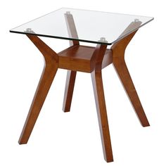 a glass table with wooden legs on a white background