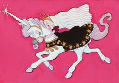 a painting of a unicorn riding on top of a white horse with a pink background