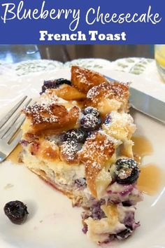 blueberry cheesecake french toast on a white plate