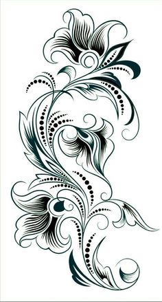 an abstract floral design with swirls and dots in black on a white background stock photo