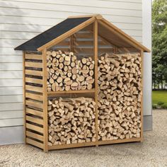 a house made out of logs sitting on the side of a building