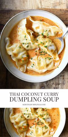 thai coconut curry dumpling soup in a white bowl