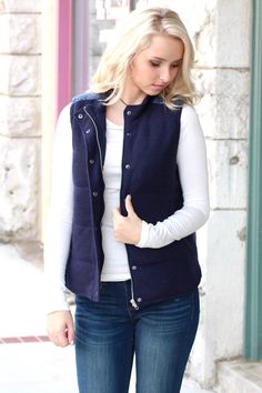 Quilted puffer vest with sweater contrasting back. The front is navy and the back is navy mixed with white. Side pockets. Model is 5'5" pant size 0/2 wearing size small. Fits true to size. XS(00-2) S(2-4) M(6-8) L(10-12) Self: 50% Acrylic, 50% Polyester. Contrast: 70% Polyester, 30% Wool. Lining: 100% Polyester. Body Warmer Outfit Women, Blue Vest, Quilted Puffer Vest, Stitch Fix Outfits, Skiing Outfit, Blue Vests, Quilted Vest, Fashion Board, Vest Outfits