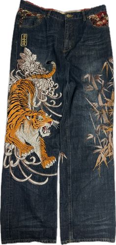 Tiger Jeans, Embroidery Japanese, Pattern Jeans, Tiger Embroidery, 00s Mode, Full Of Love, Cool Fits, Mode Inspo