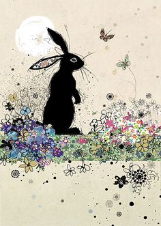 a rabbit is sitting in the grass with flowers and butterflies around it, under a full moon