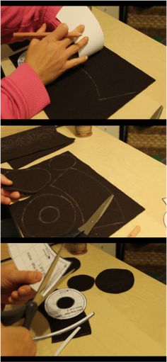 three pictures showing how to cut out paper circles with scissors and tape on the table