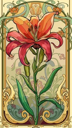 a red flower with green leaves in a gold frame on a beige and blue background