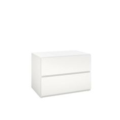 a white cabinet with two drawers on the bottom and one drawer open, in front of a white background