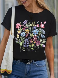 Women's wildflowers Cotton Casual T-Shirt | lilicloth Black Floral Print Casual T-shirt, Multicolor Short Sleeve T-shirt For Spring, Black Summer Tops With Plant Print, Black Crew Neck T-shirt With Plant Print, Multicolor Crew Neck T-shirt With Plant Print, Spring Plants Print Short Sleeve T-shirt, Black Graphic Tee With Plant Print, Spring Black T-shirt With Floral Print, Black Graphic Tee With Plants Print