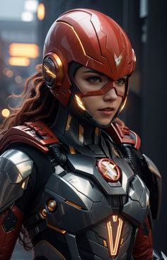 an image of a woman in a helmet and armor looking at the camera with headphones on