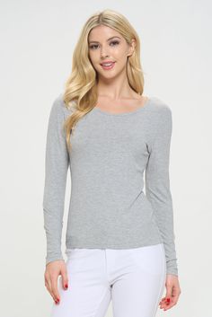 This timeless style top is crafted from ultra-soft viscose for a lightweight feel. Featuring a scoop neckline and ribbed long sleeves, it's the perfect addition to any wardrobe to layer up all year round.• Ribbed texture• Scoop neckline• Long sleeve• Soft and comfortable• Breathable and stretchy• ImportedContent: 92% Viscose, 8% Spandex Seamless Long Sleeve Top For Layering, Gray Seamless Long Sleeve Top, Long Sleeve Modal Tops For Fall, Fall Scoop Neck Long Sleeve Top For Everyday, Spring Seamless Stretch Long Sleeve Top, Stretch Fine Knit Scoop Neck Top, Stretch Long Sleeve Scoop Neck Top In Solid Color, Solid Stretch Long Sleeve Top With Scoop Neck, Solid Color Stretch Long Sleeve Top With Scoop Neck