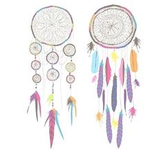 two colorful dream catchers with feathers hanging from them