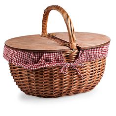 a wicker basket with a red and white checkered cloth on the lid, sitting on a white surface