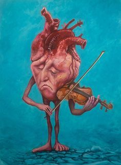 a painting of a man playing the violin with his heart on it's back