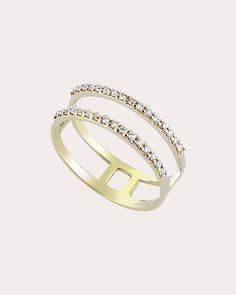 Formed with an openworked band, this 14-karat gold ring decorates its top and bottom rows with linear arrays of pavé-set white diamonds. From Herstory’s Feminine Mystique Collection, meaningful expressions of self-confidence, creativity and respect. 14k yellow gold and white diamond Diamond carat: 0.15 ctw Diamond color: F/G Diamond clarity: VS Polish with soft cloth Made in Turkey Measurements Band width: 5mm Luxury Gold Double Band, Luxury Dazzling Open Diamond Ring, Luxury Double Band Fine Jewelry Rings, Fine Jewelry Double Band Diamond Ring, Luxury Open Band Jewelry With Diamond Accents, Feminine Mystique, Double Diamond, Midi Ring, Midi Rings