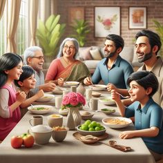 a family sitting around a dinner table with food on the table and smiling at each other