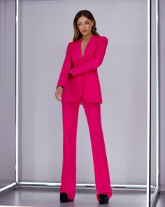 Hot Pink Bell Bottom Pants Suit Set With Blazer, Pink Blazer Trouser Suit for Women, Pink Trouser Set for Women, Pants Suit Set Womens - Etsy Pink Fitted Sets For Formal Occasions, Formal Fitted Pink Sets, Tailored Suits With Straight Pants For Evening, Tailored Suit With Straight Pants For Party, Tailored Evening Suit With Straight Pants, Elegant Tailored Dress Pants For Party, Pink Notch Lapel Tuxedo Blazer, Pink Tuxedo Blazer With Notch Lapel, Elegant Pink Evening Set