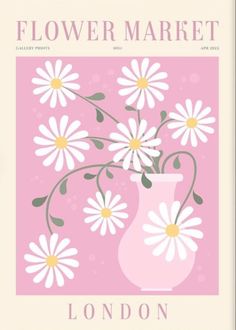 a pink poster with white flowers in a vase