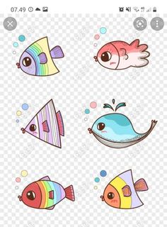 four different types of cartoon fish with bubbles and bubbles on the water, transparent background