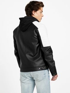 David Hooded Moto Jacket | GUESS Factory Trendy Hooded Biker Jacket For Streetwear, Biker Style Outerwear With Double-lined Hood For Fall, Winter Fitted Biker Jacket With Double-lined Hood, Fall Biker Outerwear With Double-lined Hood, Urban Winter Biker Jacket With Padded Collar, Fall Biker Style Outerwear With Double-lined Hood, Casual Leather Jacket For Fall Streetwear, Urban Biker Jacket With Double-lined Hood For Fall, Fitted Biker Jacket With Double-lined Hood For Fall