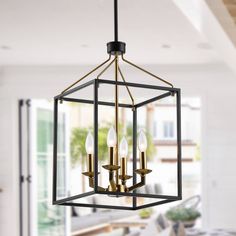 Illuminate your home with this matte black and golden finish pendant. It features an open lantern-style design that gives this pendant a welcoming aesthetic. It offers a modern look as it hangs from the ceiling. Four bulbs provide plenty of illumination for any space in your home. The clear design creates an airy, open look, while iron construction provides a durable base. Parrot Uncle 4-Light Matte Black and Golden Modern/Contemporary Linear Medium Hanging Pendant Light | BBD2265-4GD Black Hanging Light Fixtures, Black And Gold Foyer Light, Black And Gold Island Pendants, Entry Way Lighting High Ceiling, Black And Gold Pendant Light Kitchen, Black Pendant Lights Over Island, Black And Gold Light Fixture, Black And Gold Pendant Light, Black And Brass Lighting