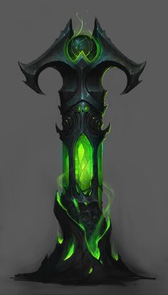 a green and black tower with flames coming out of it's sides on a gray background