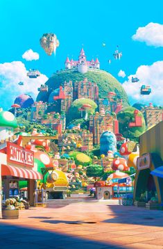 an animated city with lots of colorful buildings and balloons in the sky above it, as well as people walking by