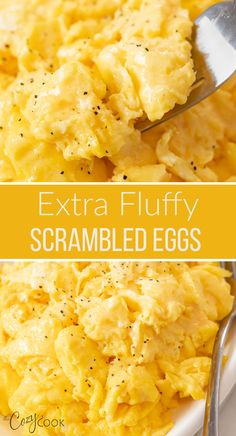 extra fluffy and cheesy scrambled eggs on a white plate with silver spoon Easy Fluffy Scrambled Eggs, Scrambled Egg With Cheese, Easy Scrambled Eggs For One, Best Way To Make Scrambled Eggs, Fluffy Eggs Scrambled Recipes, Ihop Scrambled Eggs, Fluffy Scrambled Eggs With Cheese, Eggs Recipes For Breakfast Easy, The Best Scrambled Eggs Ever