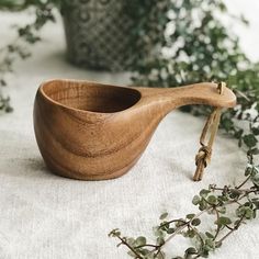 a wooden spoon sitting on top of a table next to some plants and a potted plant