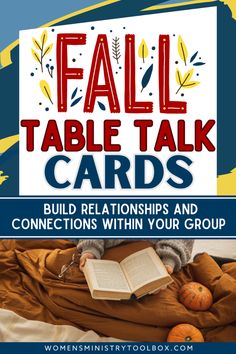 the fall table talk card with an open book and pumpkins