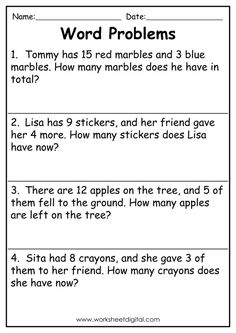 the worksheet for word problems is shown in black and white, with text below it