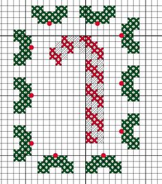 a cross stitch pattern with green and red designs