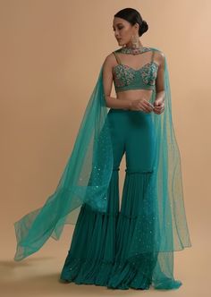 Teal Sharara And Crop Top Set With Colorful Resham, Cut Dana And Moti Embroidered Spring Blooms Sharara Designs, Look Boho Chic, Kalki Fashion, Traditional Indian Dress, Indian Gowns Dresses, Designer Kurtis