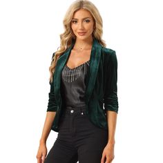 Introducing the Allegra K Velvet Cardigan - the perfect addition to your wardrobe essentials. Made with a luxurious blend of 92% polyester and 8% spandex fabric, this cardigan features an open front and lapel collar to showcase your feminine side. It is versatile and can be worn for both casual and formal occasions such as work, office, business meetings, or even a coffee shop date. Pair it with your favorite jeans or pants to complete your chic look. Get ready to turn heads with this stylish an Velvet Cardigan Nordstrom, Jewel Tone Outfits, Velvet Shrug, Velvet Cardigan, Womens Crewneck, Green Outfit, Office Business, Blazer Outfits, Feminine Outfit