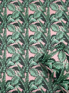 a pink and green tropical print wallpaper with palm leaves on the backgroun