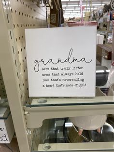 a sign that is on the shelf in a store